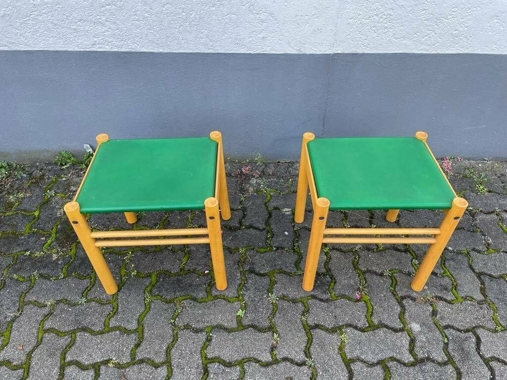 Ibisco Green Leather And Birch Wood Pair Of Stools, 1970s, Italy photo furniture