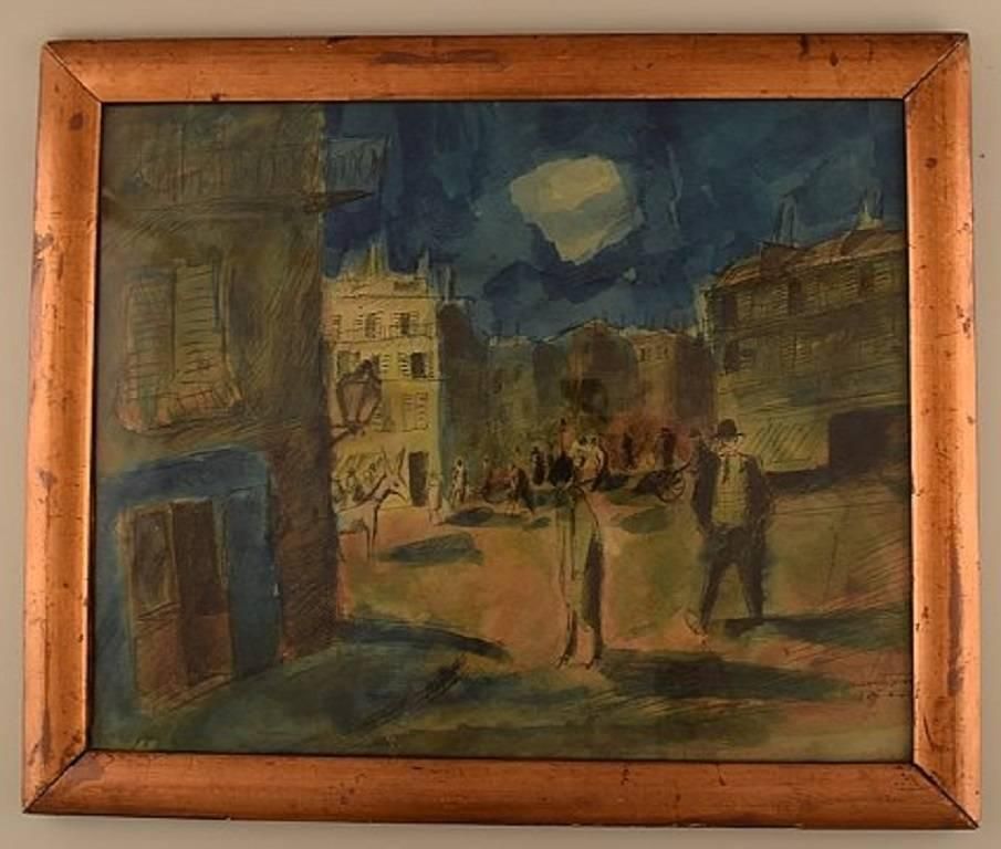 Mogens Vantore "Scenery From Paris", Crayon, Pencil And Watercolor On Paper photo furniture