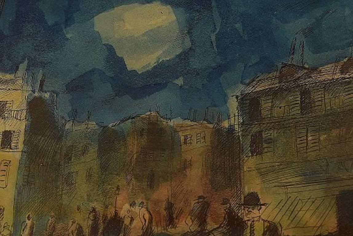 Mogens Vantore "Scenery From Paris", Crayon, Pencil And Watercolor On Paper photo 287.0