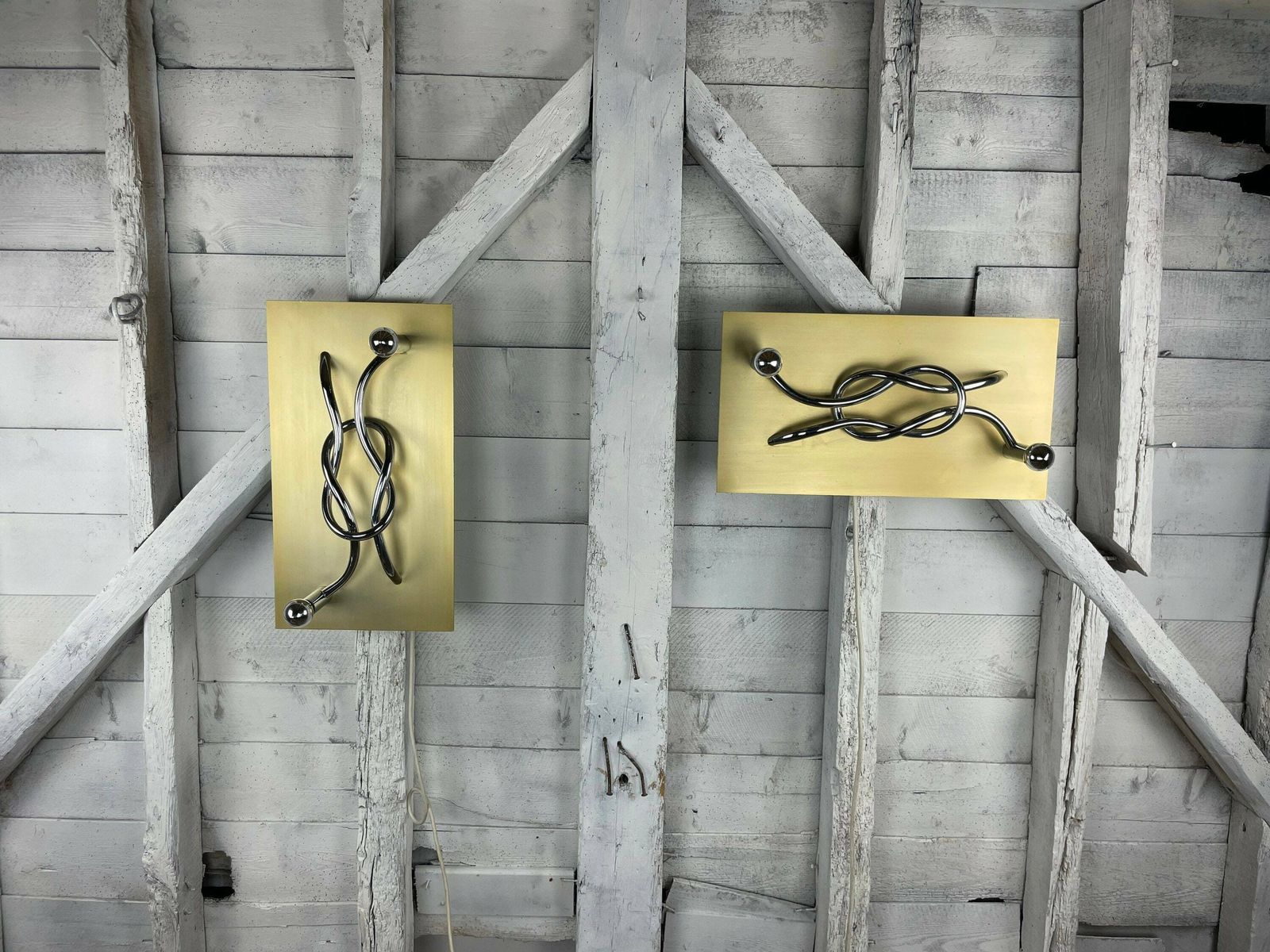 A Pair Of 1970s Mid Century Modern Italian 'Reef Knot' Wall Light Panels / Sconces Designed By Giacomo Benevelli For Missaglia photo furniture