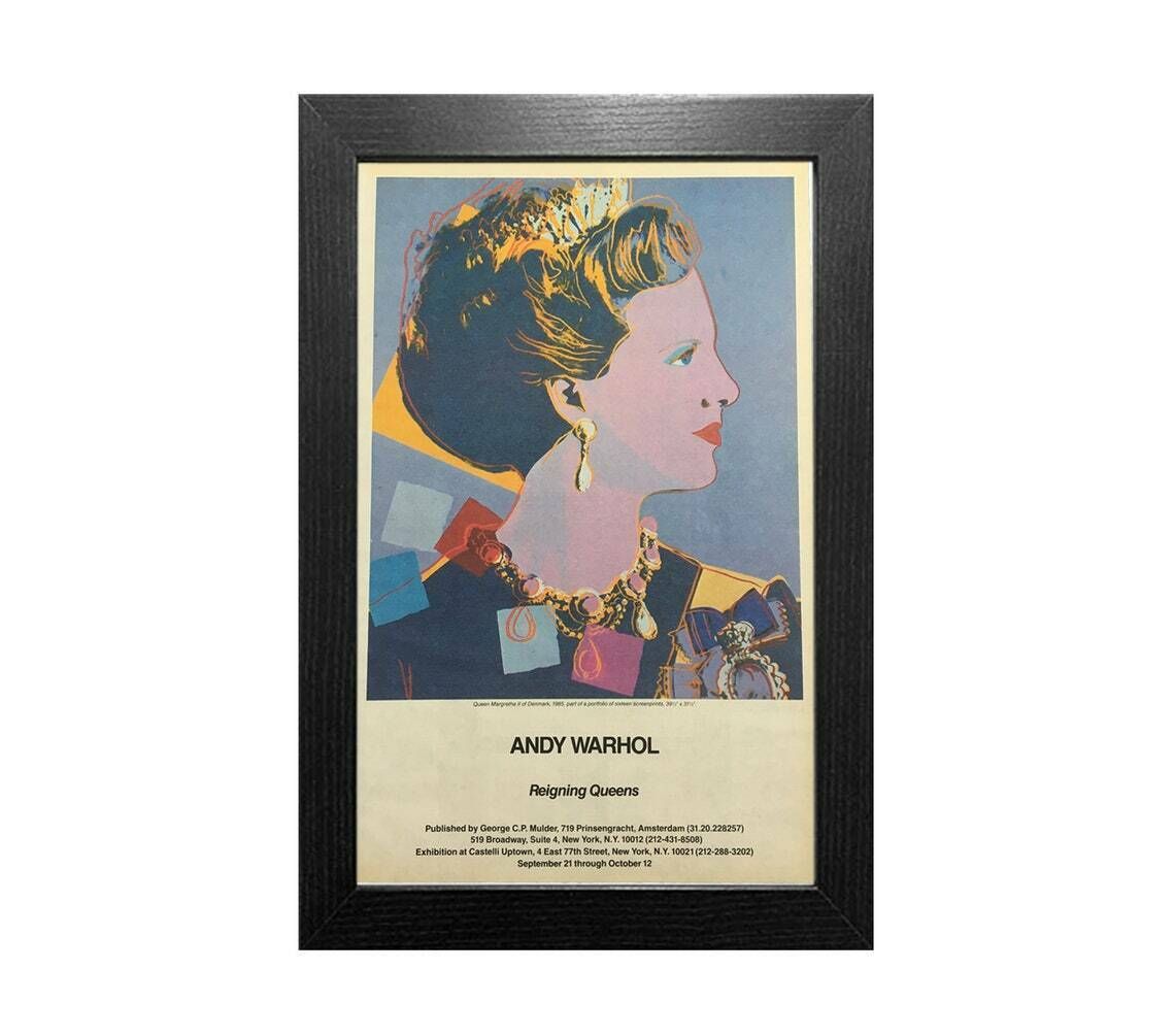 Original 1985 Andy Warhol Gallery Opening Advertisement  Reigning Queens Exhibition  Queen Margrethe II Of Denmark  Vintage Poster photo Art