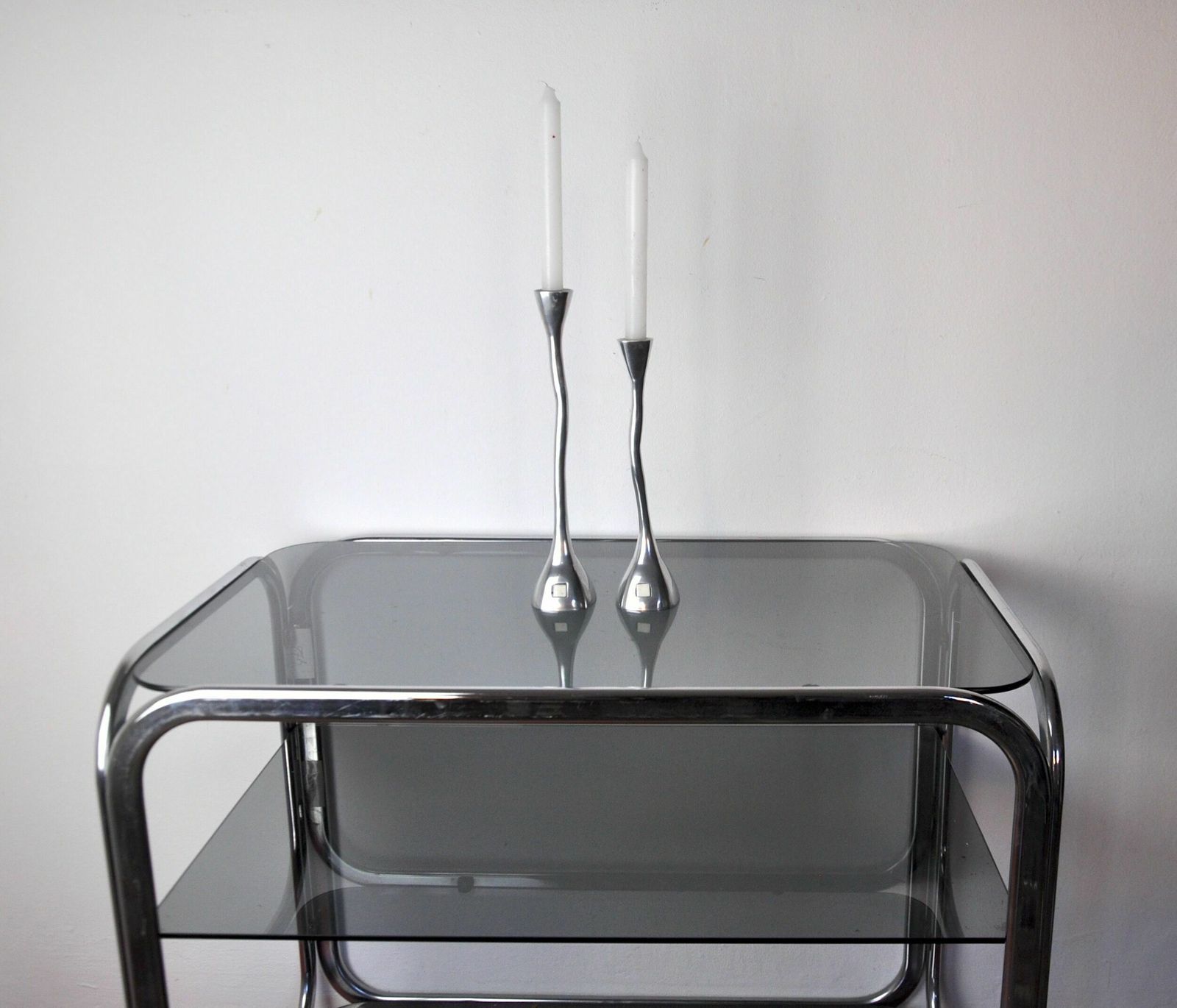 Pair Of Zigzag Candle Holders, Solid Aluminum And Polished Stone, Art3, Spain, 1970 photo Home Decor