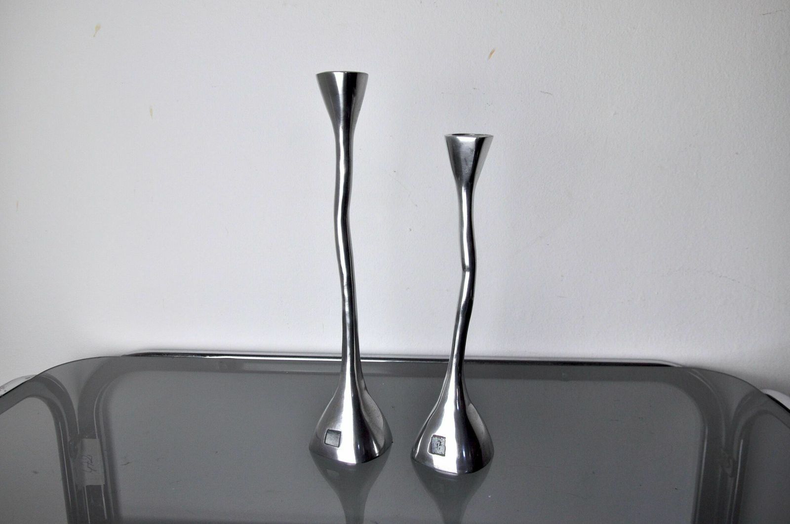 Pair Of Zigzag Candle Holders, Solid Aluminum And Polished Stone, Art3, Spain, 1970 photo vintage