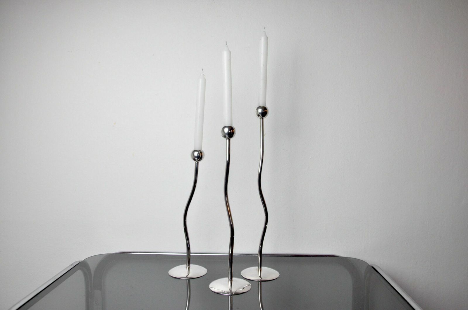 Trio Of Silver Metal Candlesticks From Mesa, Italy, 1980s photo furniture