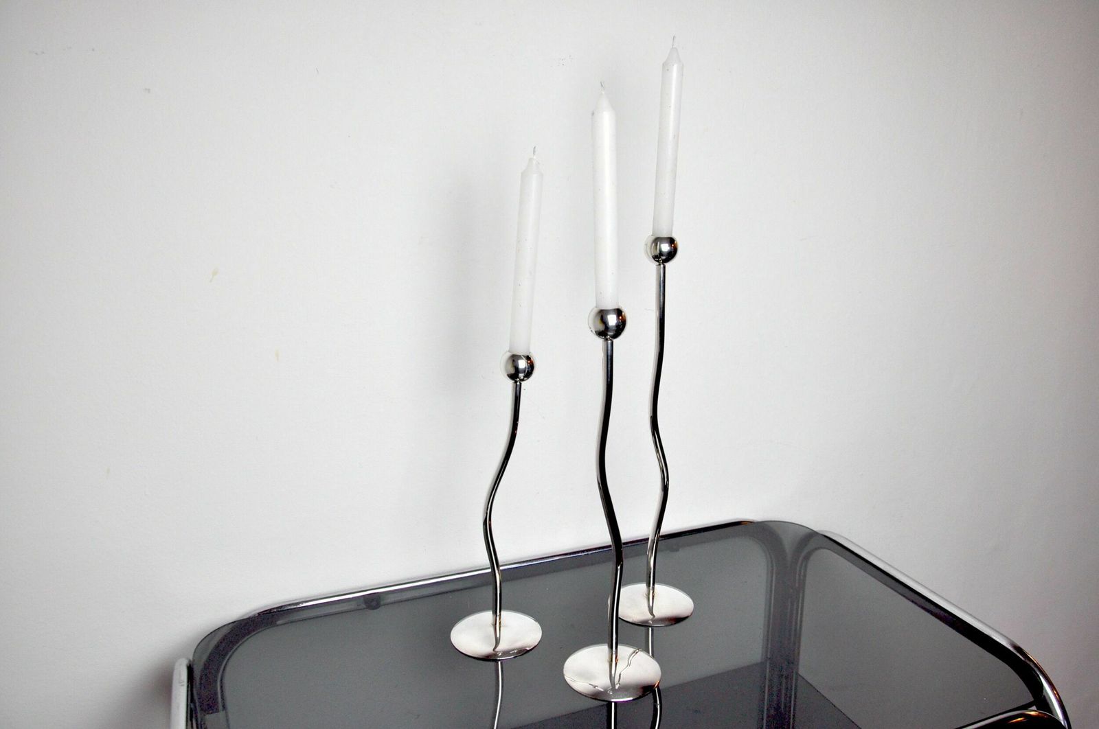 Trio Of Silver Metal Candlesticks From Mesa, Italy, 1980s photo buy