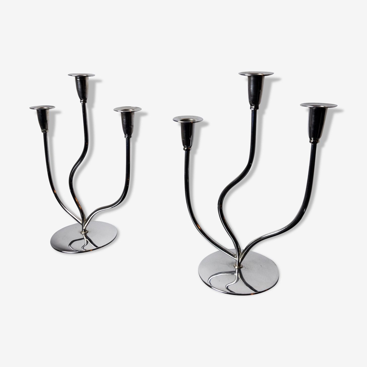 Pair Of Art Deco Candlesticks In Stainless Steel 3 Flames, Spain, 1970