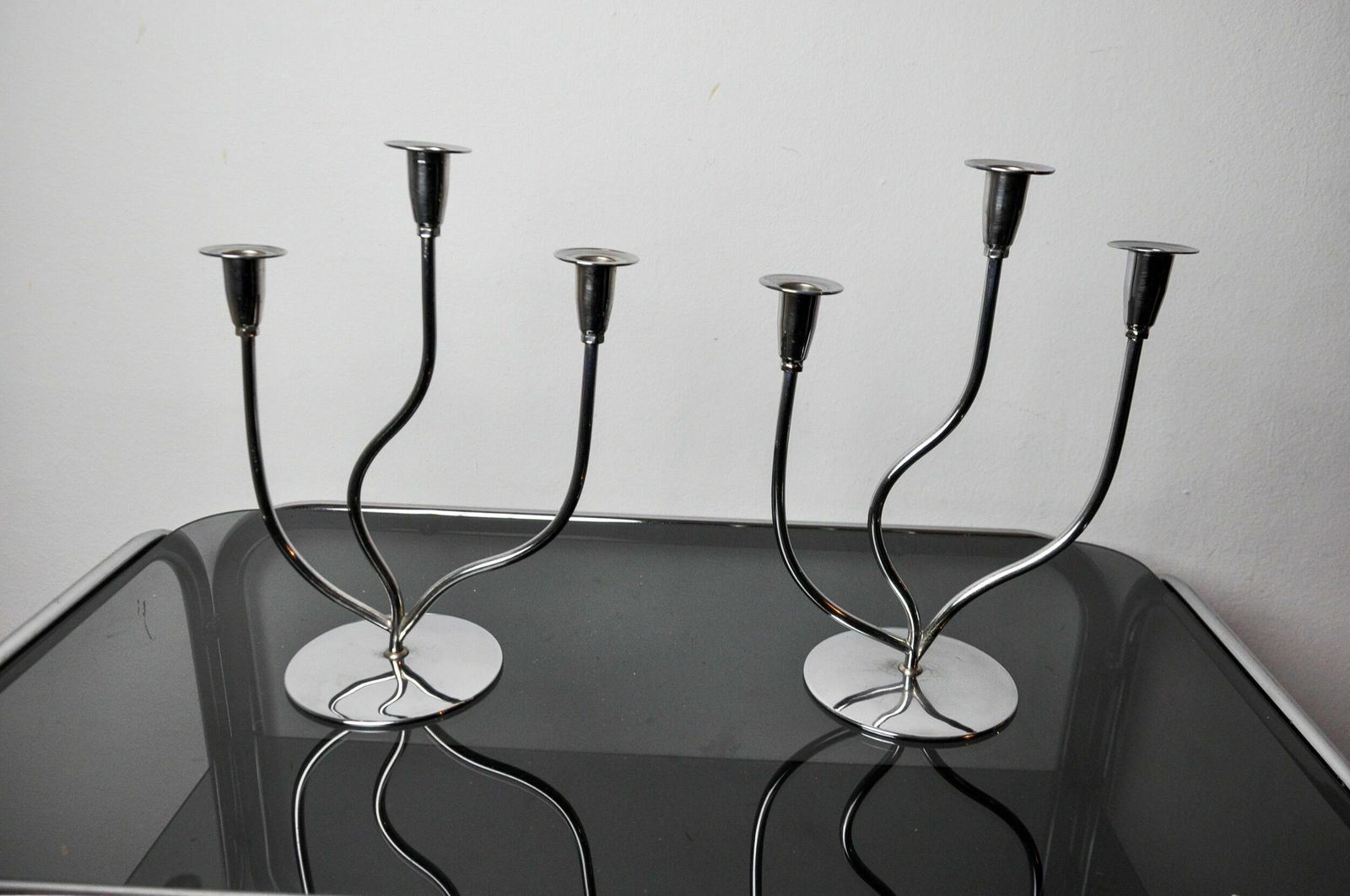 Pair Of Art Deco Candlesticks In Stainless Steel 3 Flames, Spain, 1970 photo for sale