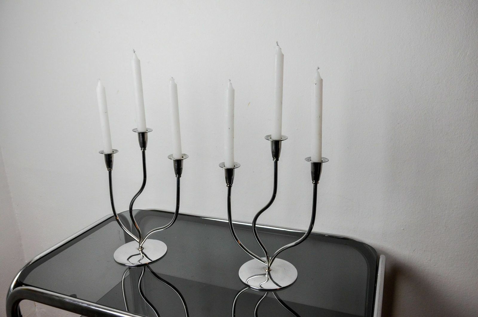 Pair Of Art Deco Candlesticks In Stainless Steel 3 Flames, Spain, 1970 photo 1005.0