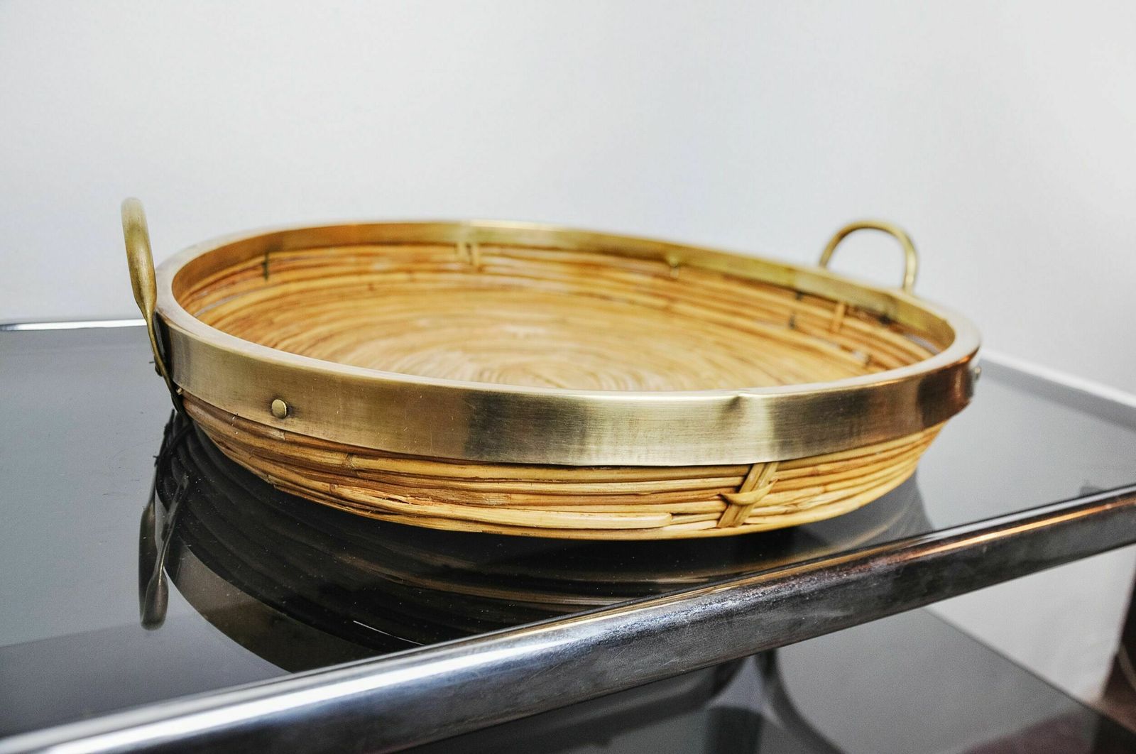 Rattan And Brass Basket, Italy, 1970s photo vinterior