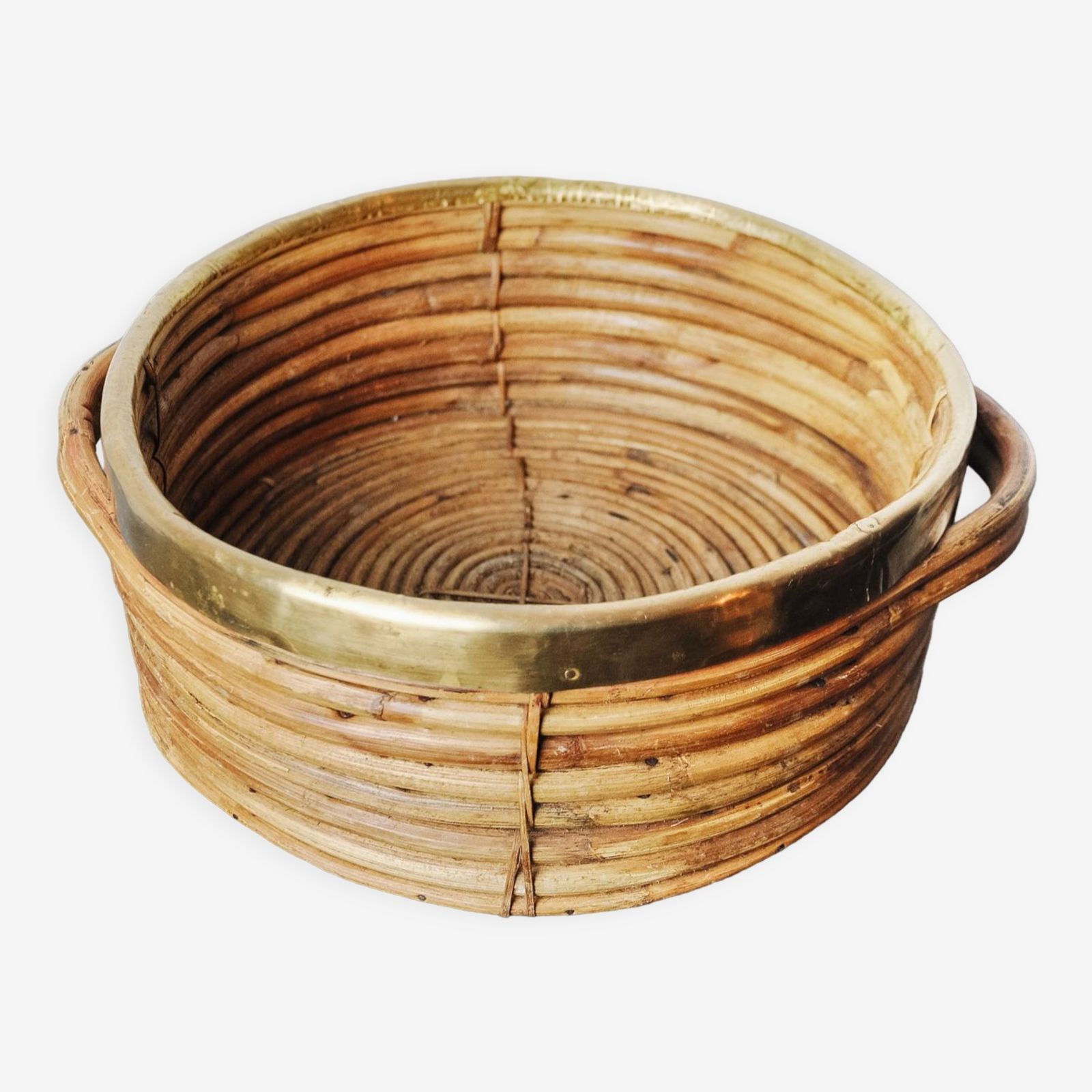 Rattan And Brass Basket, Italy, 1970s