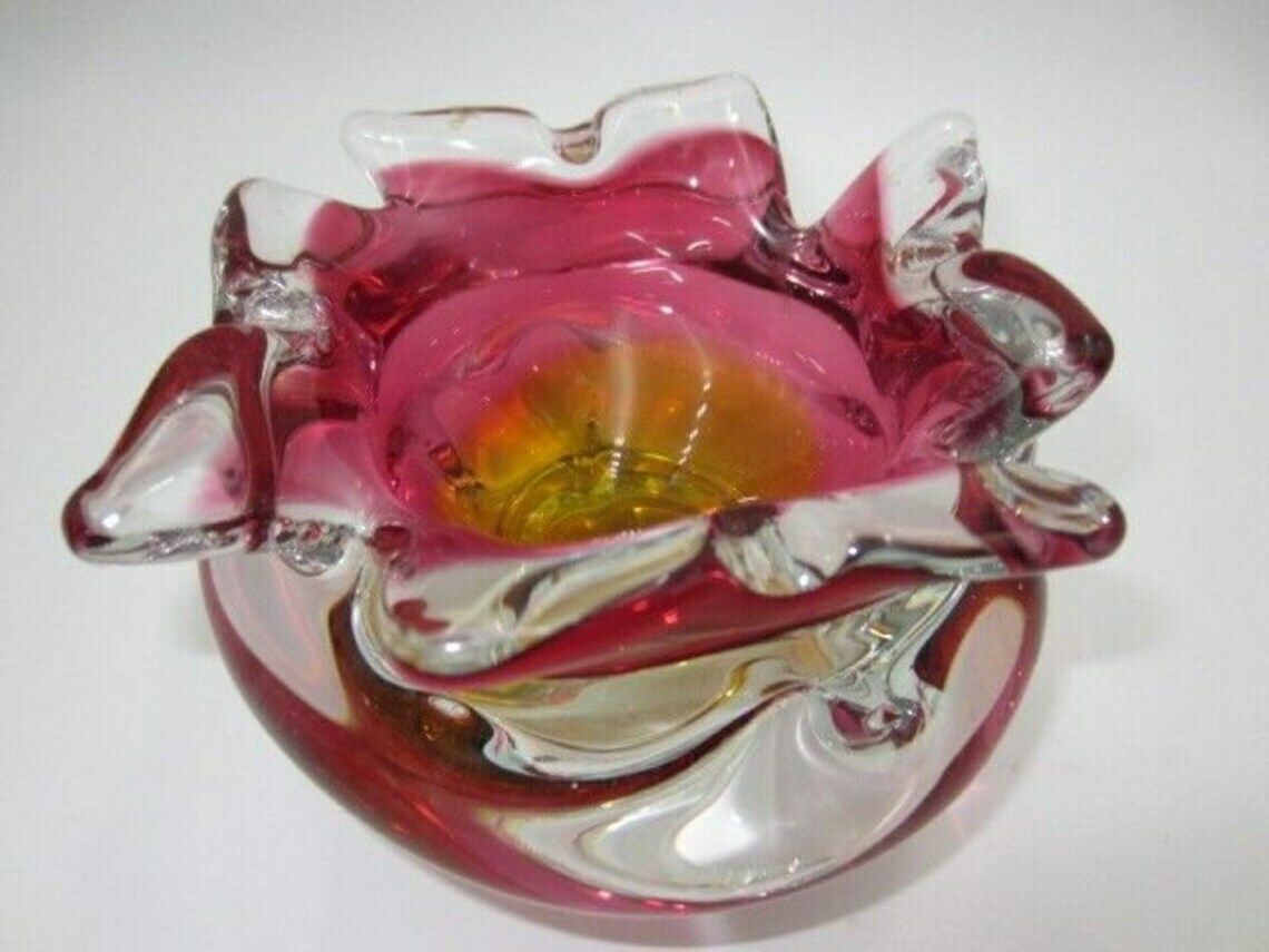 Hand Made Czech Pink And Golden Amber Murano Sommerso Style Art Glass Bowl