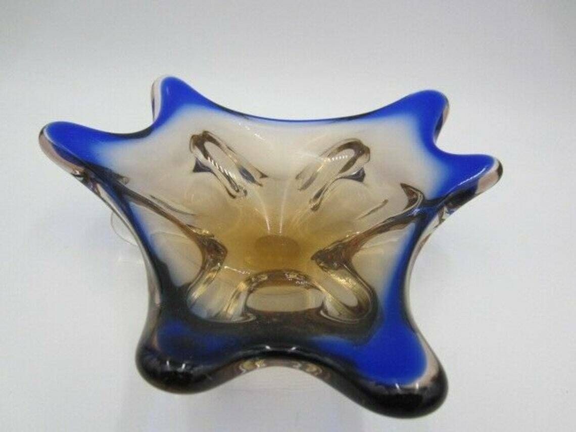 Blue And Pink Mid Century Art Glass Water Droplet Bowl Czech Sommerso