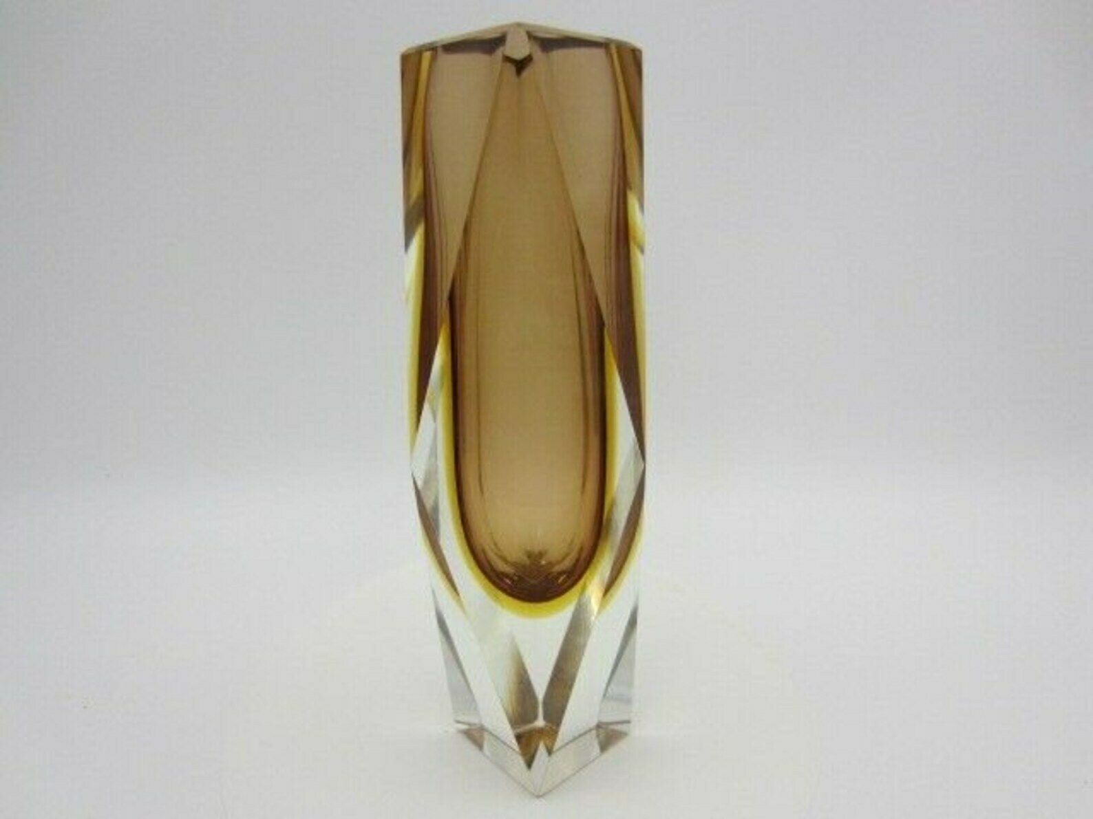 Space Age Brown And Golden Amber Sommerso Art Glass Faceted Vase Made In Italy photo vinterior