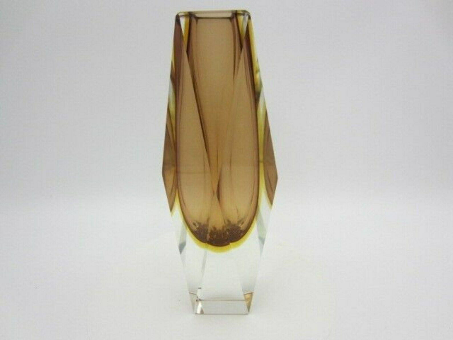 Space Age Brown And Golden Amber Sommerso Art Glass Faceted Vase Made In Italy photo vintage