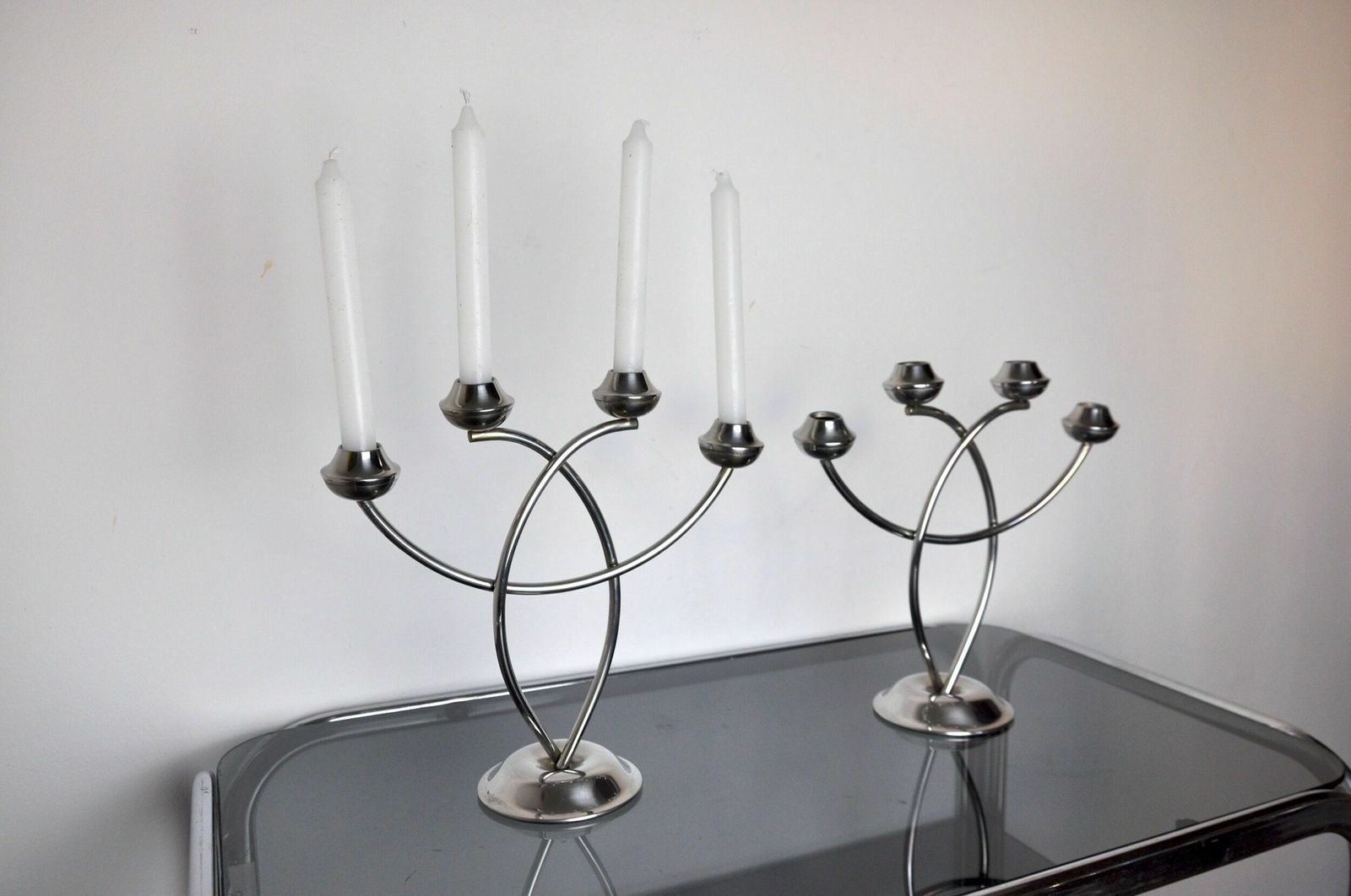 Pair Of Art Deco Candle Holder In Stainless Steel 4 Flammes, Spain, 1970 photo Home Decor