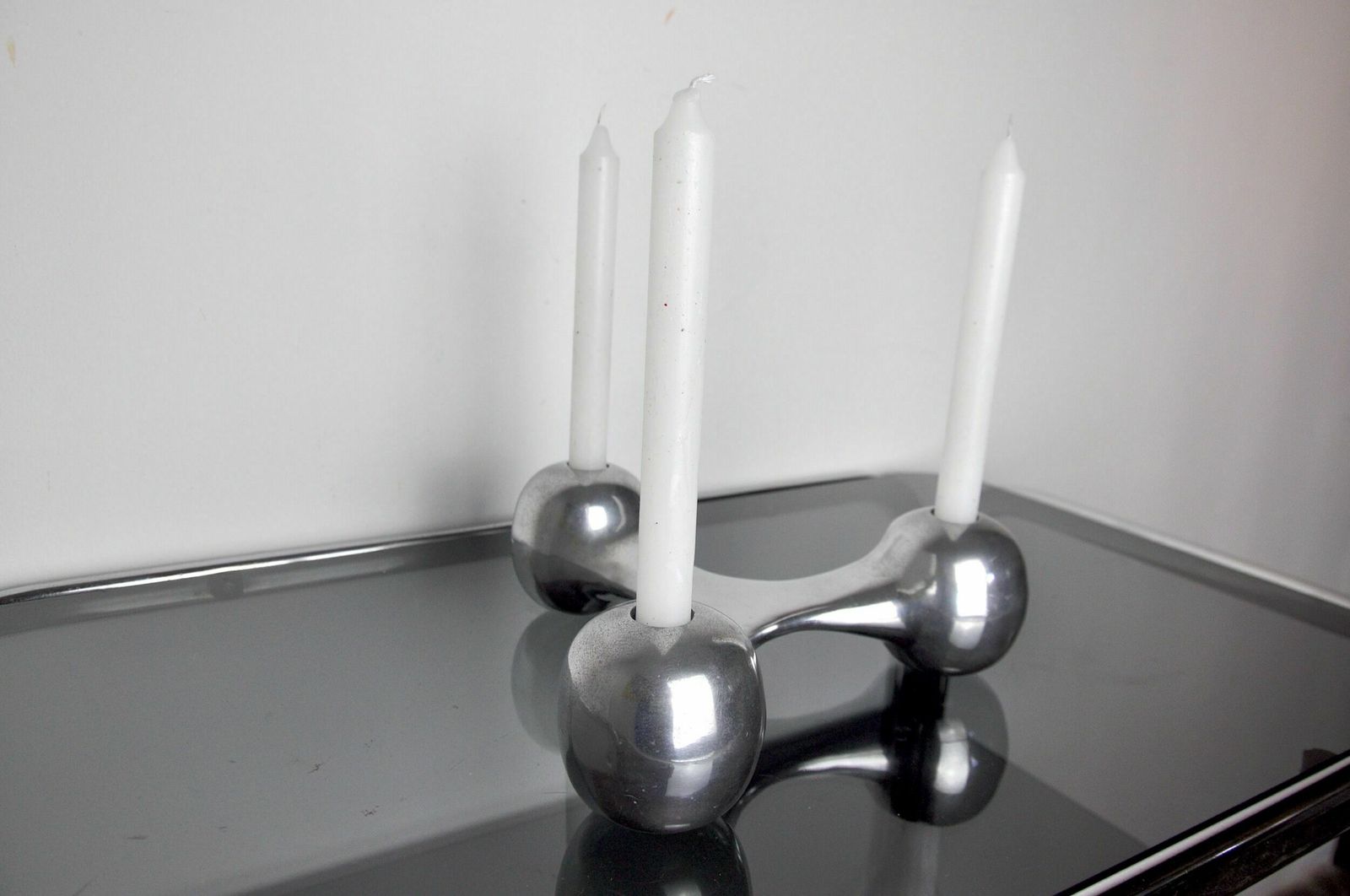 Scandinavian Boomerang Candle Holders, Aluminium, Denmark, 1970 photo vinterior