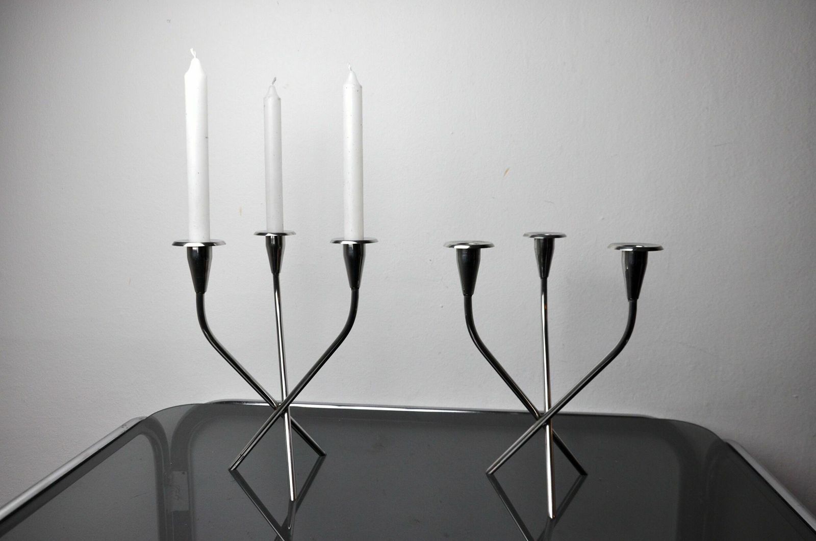 Pair Of Scandinavian 3 Arm Candlesticks In Alpaca, Sweden, 1970 photo vinterior