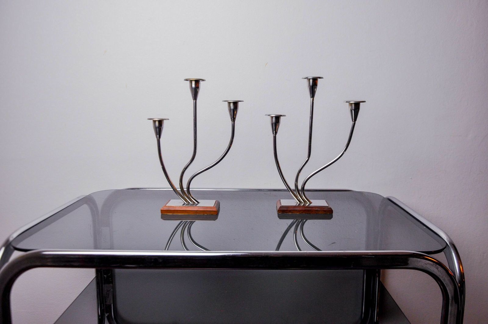 Pair Of Art Deco Candlesticks In Stainless Steel And Rosewood 3 Flames, Spain, 1970 photo Home Decor