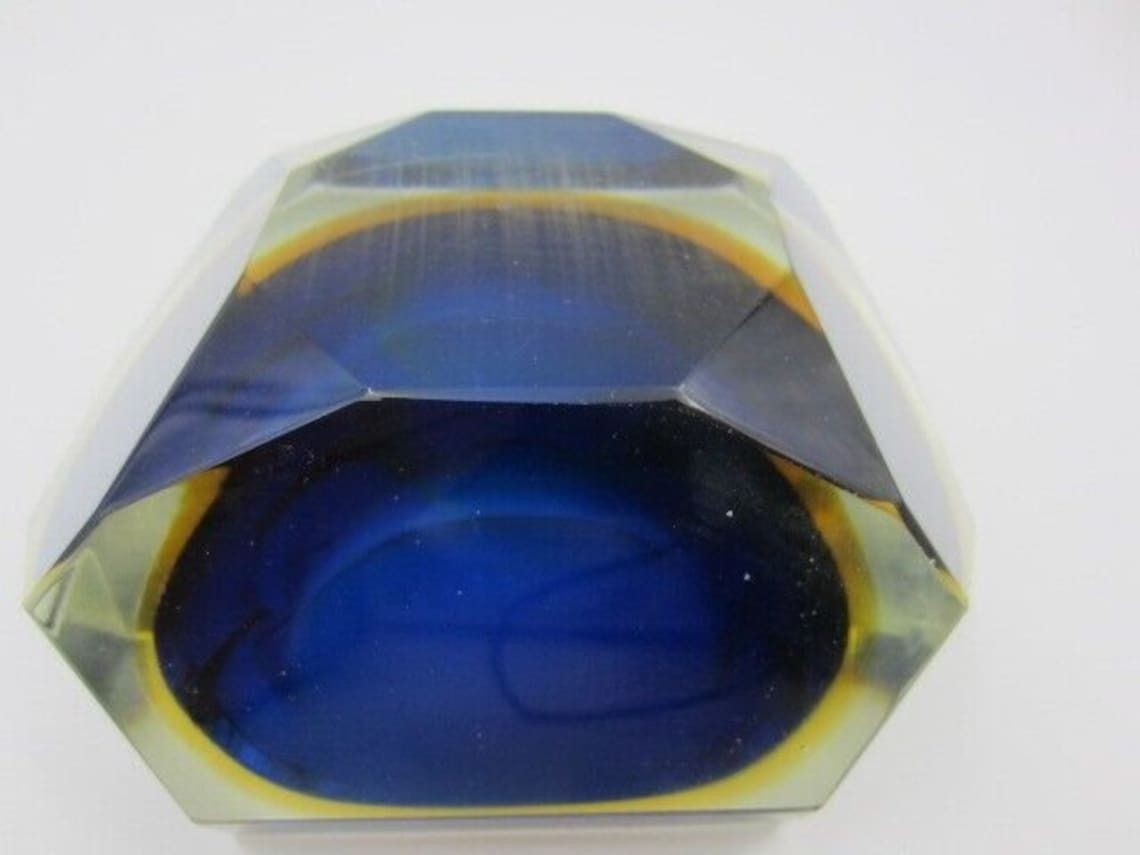 Mandruzzato Faceted Blue In Amber In Blue Murano Sommerso Diamond Cut Glass Bowl photo vintage