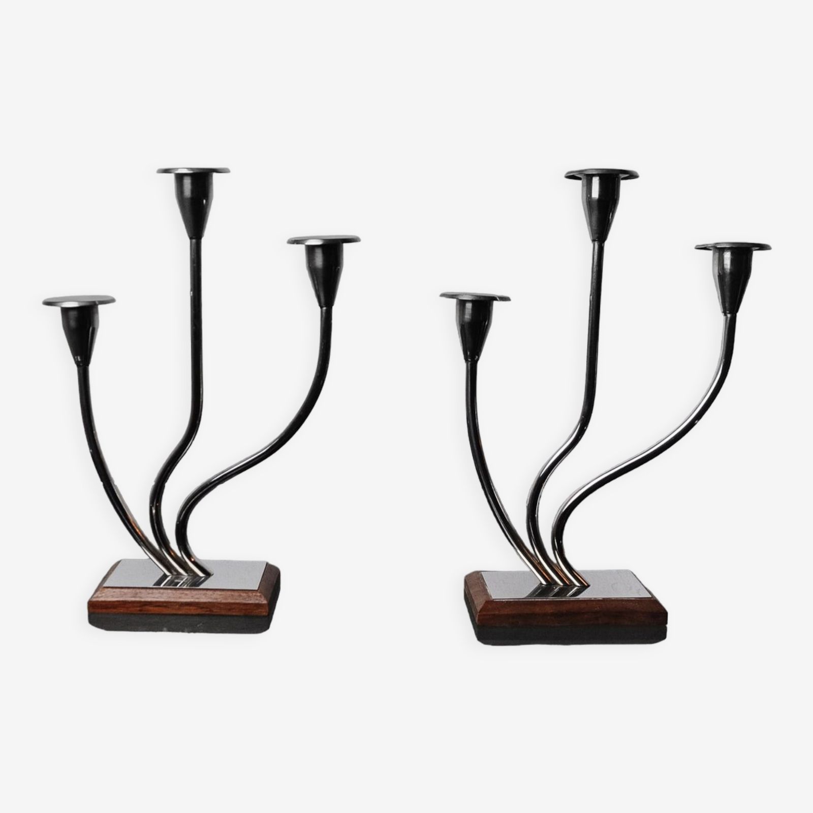 Pair Of Art Deco Candlesticks In Stainless Steel 3 Flames, Spain, 1970