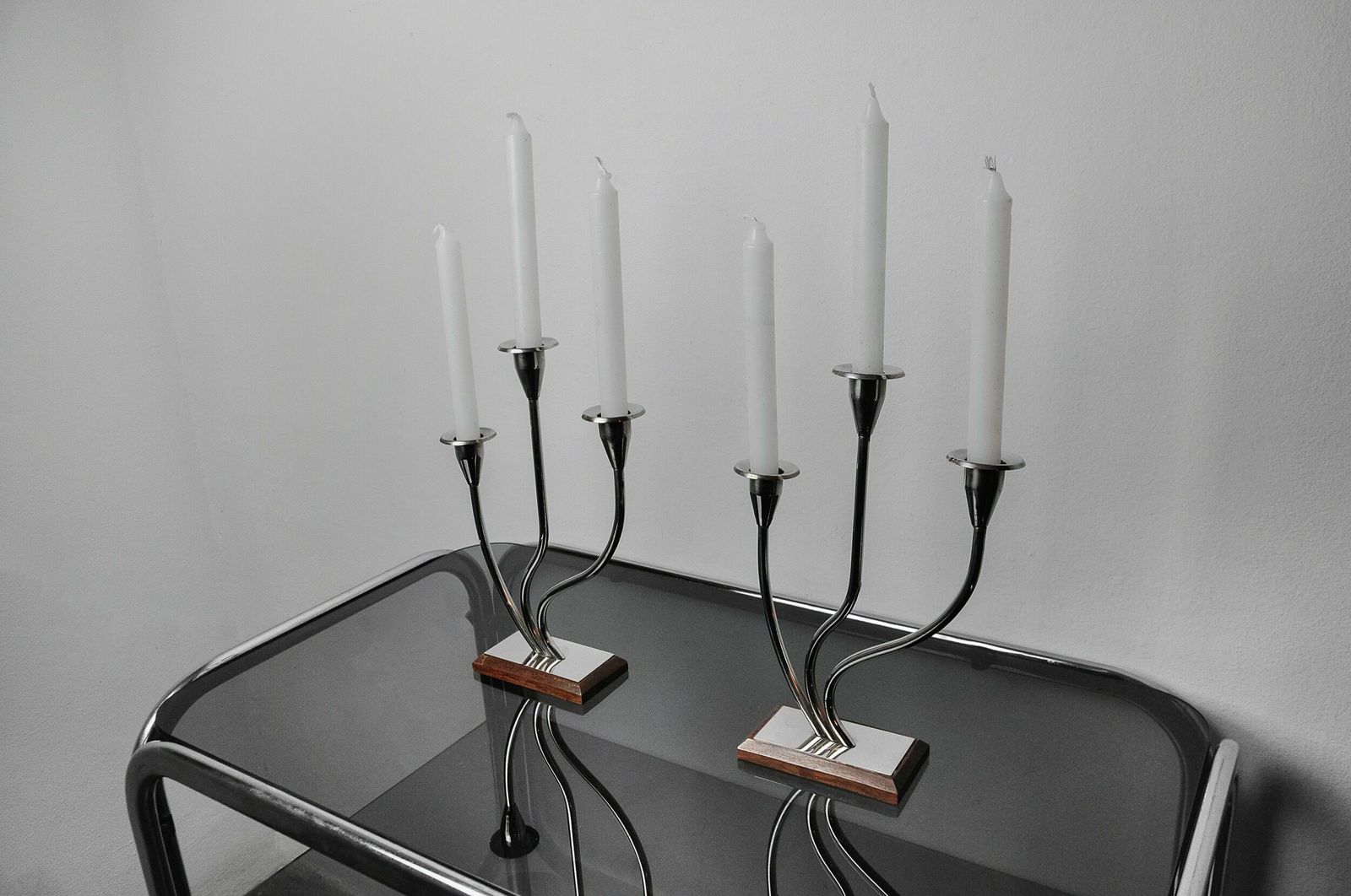 Pair Of Art Deco Candlesticks In Stainless Steel 3 Flames, Spain, 1970 photo Home Decor