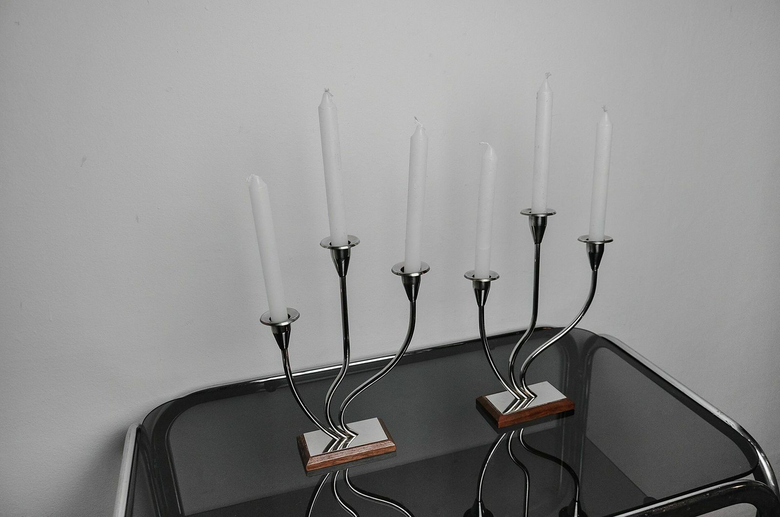 Pair Of Art Deco Candlesticks In Stainless Steel 3 Flames, Spain, 1970 photo 1007.0