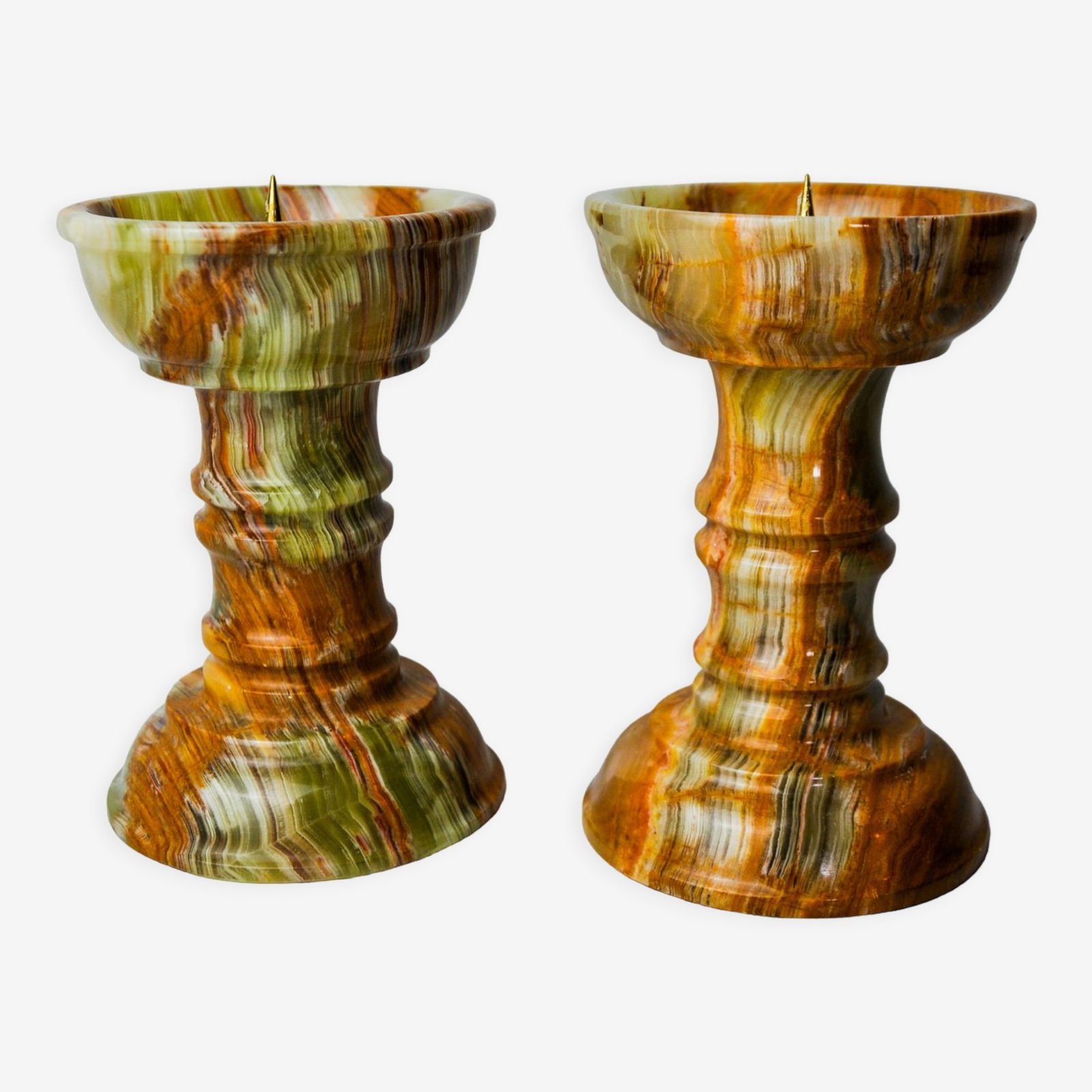 Pair Of Onyx And Brass Candle Holders, Italy, 1980