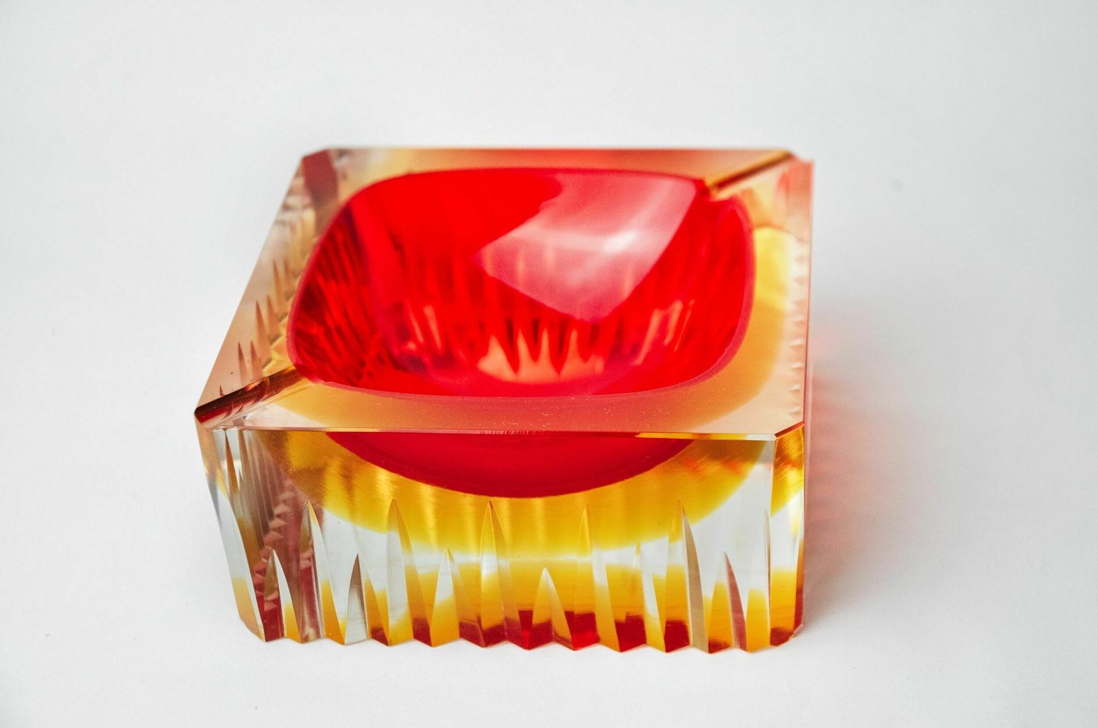 Red And Yellow Cubic Sommerso Ashtray By Seguso, Murano, Italy, 1970 photo for sale