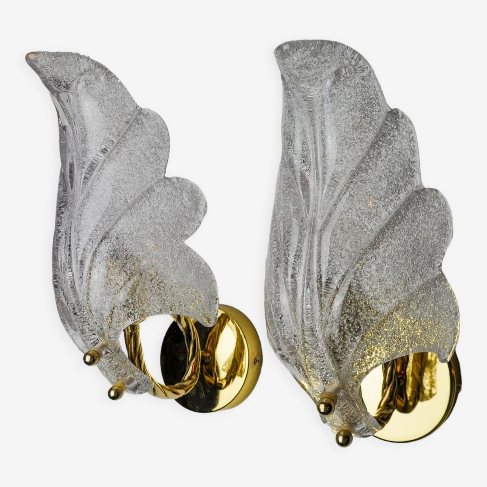 Pair Of Frosted Leaf Sconces, Murano Glass, Italy, 1970