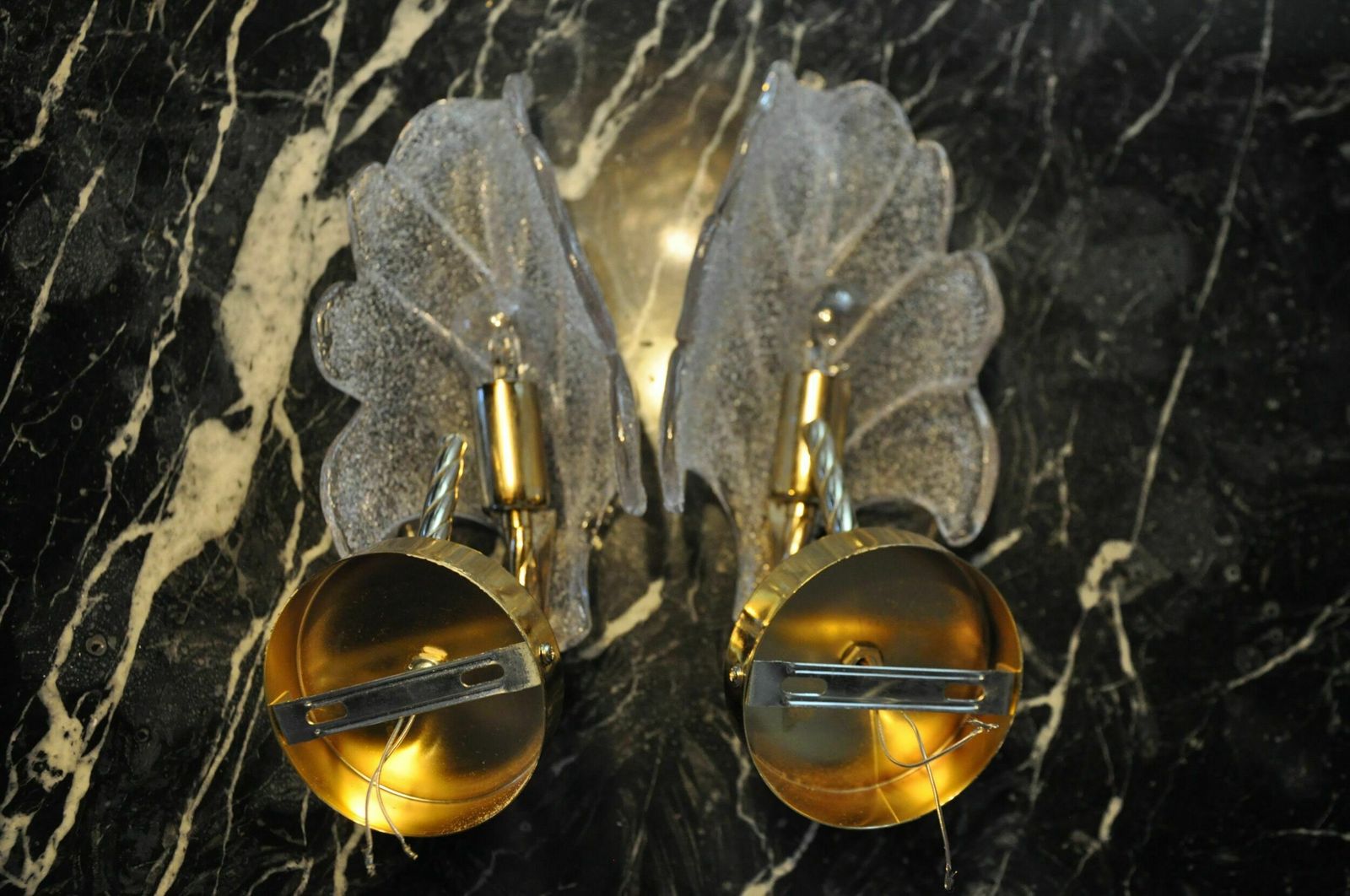 Pair Of Frosted Leaf Sconces, Murano Glass, Italy, 1970 photo vintage