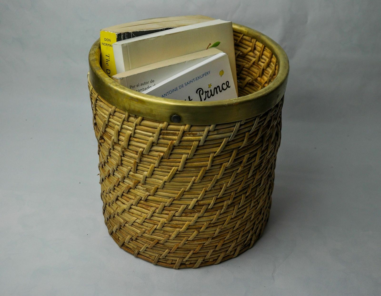 Rattan And Brass Book Holder Basket, Italy, 1970s photo for sale