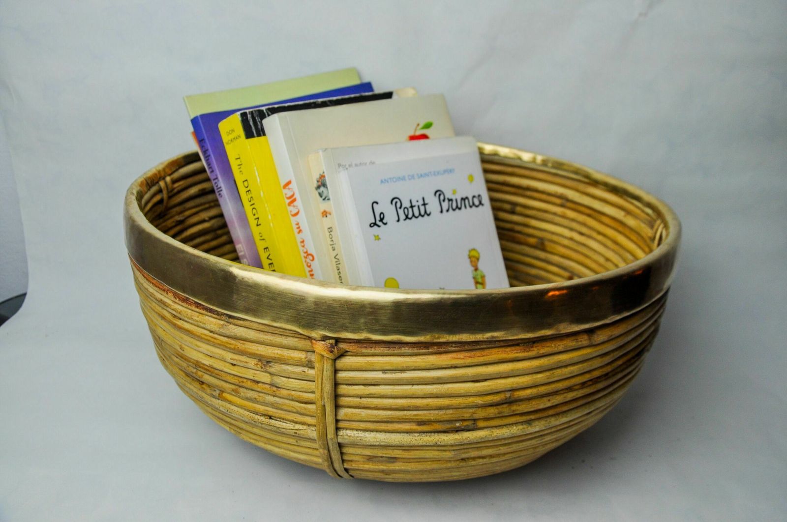 Rattan And Brass Book Holder Basket, Italy, 1970s photo for sale