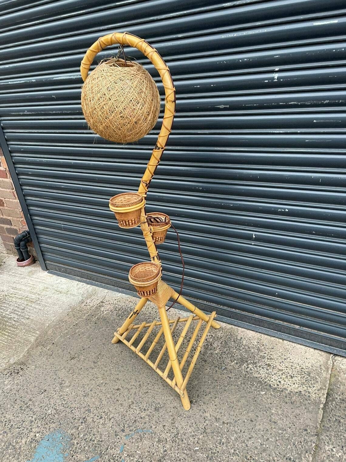 Rare Vintage Light Standard Lamp Bamboo Tiki Plant Stand photo Garden Decor