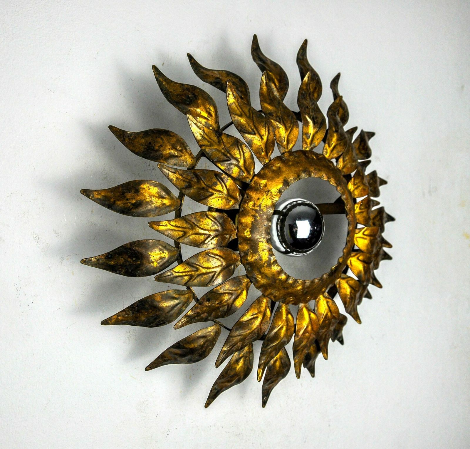 Sun Wall Lamp By Ferro Arte, Metal And Gold Leaf, Spain, 1960 photo for sale