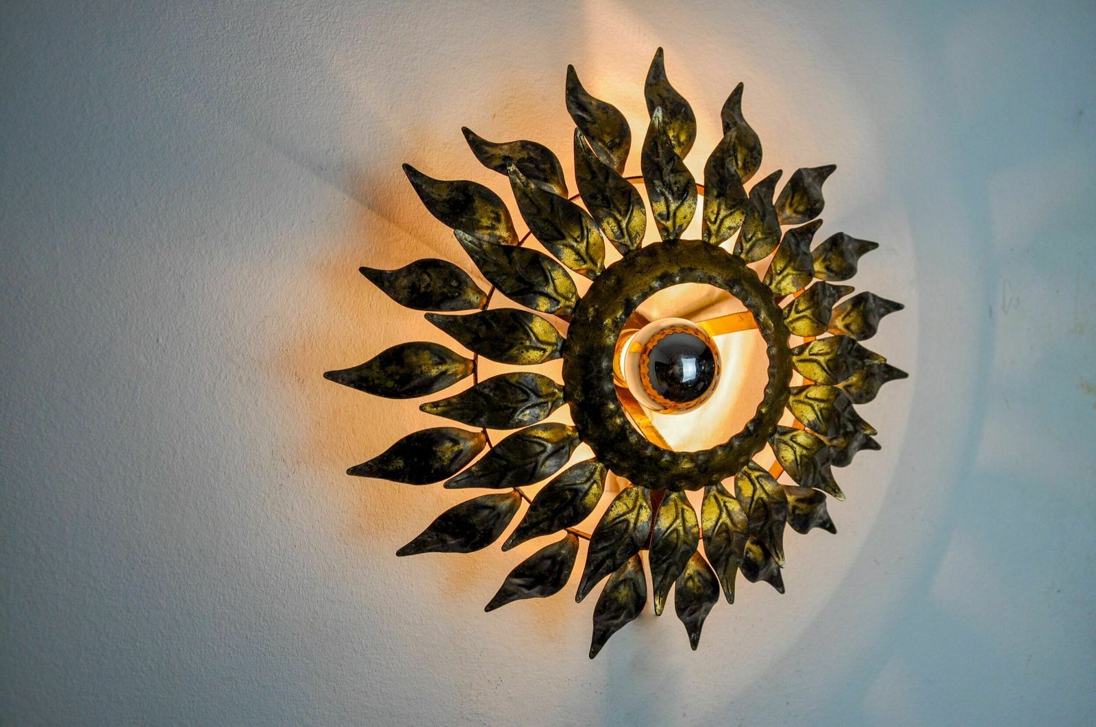 Sun Wall Lamp By Ferro Arte, Metal And Gold Leaf, Spain, 1960 photo vintage