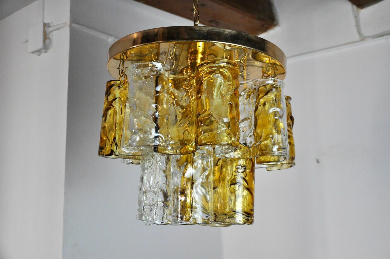 Two Tone Chandelier By Zero Quattro, Orange And Transparent Murano Glass, Italy, 1970 photo for sale