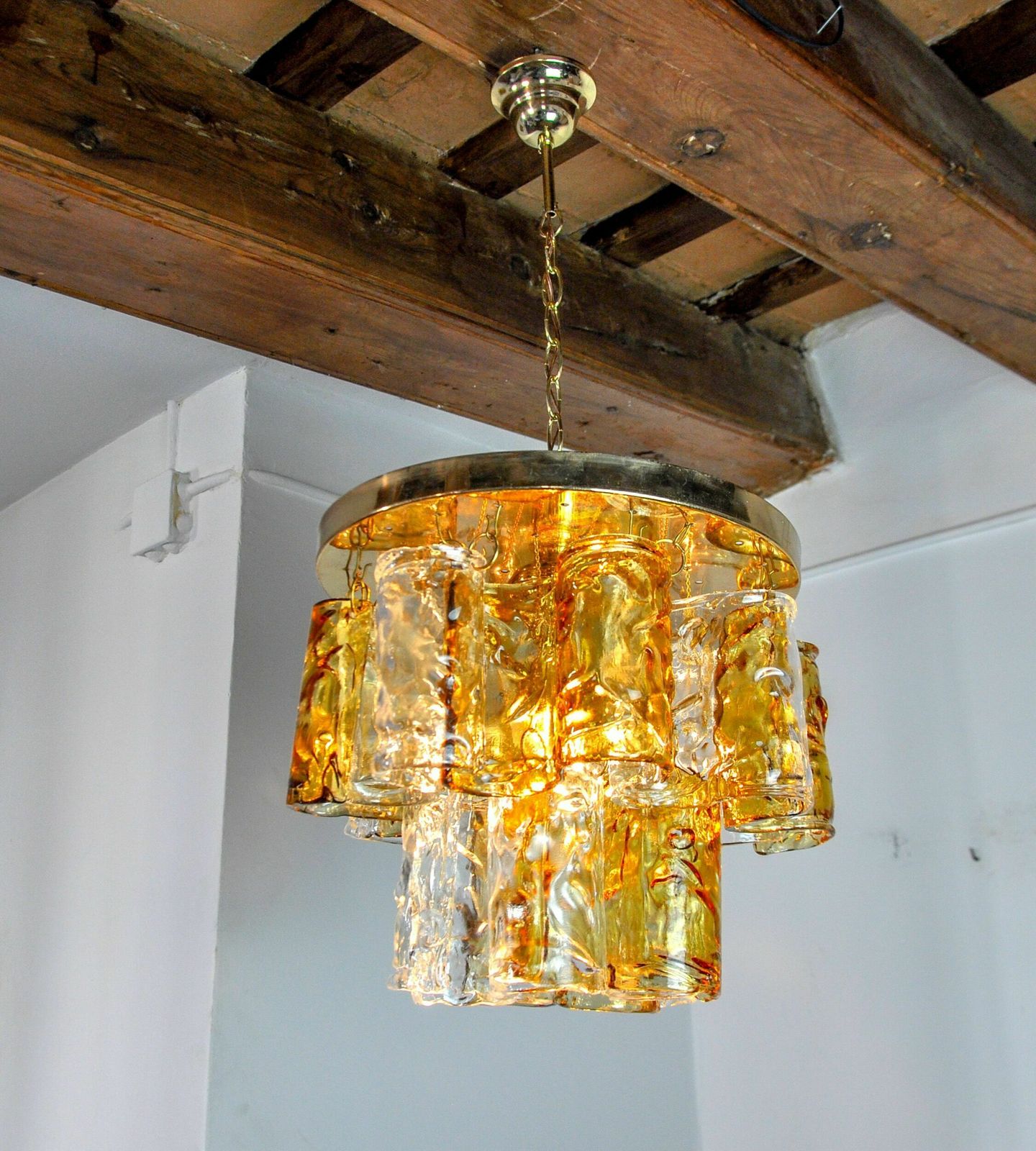 Two Tone Chandelier By Zero Quattro, Orange And Transparent Murano Glass, Italy, 1970 photo vintage