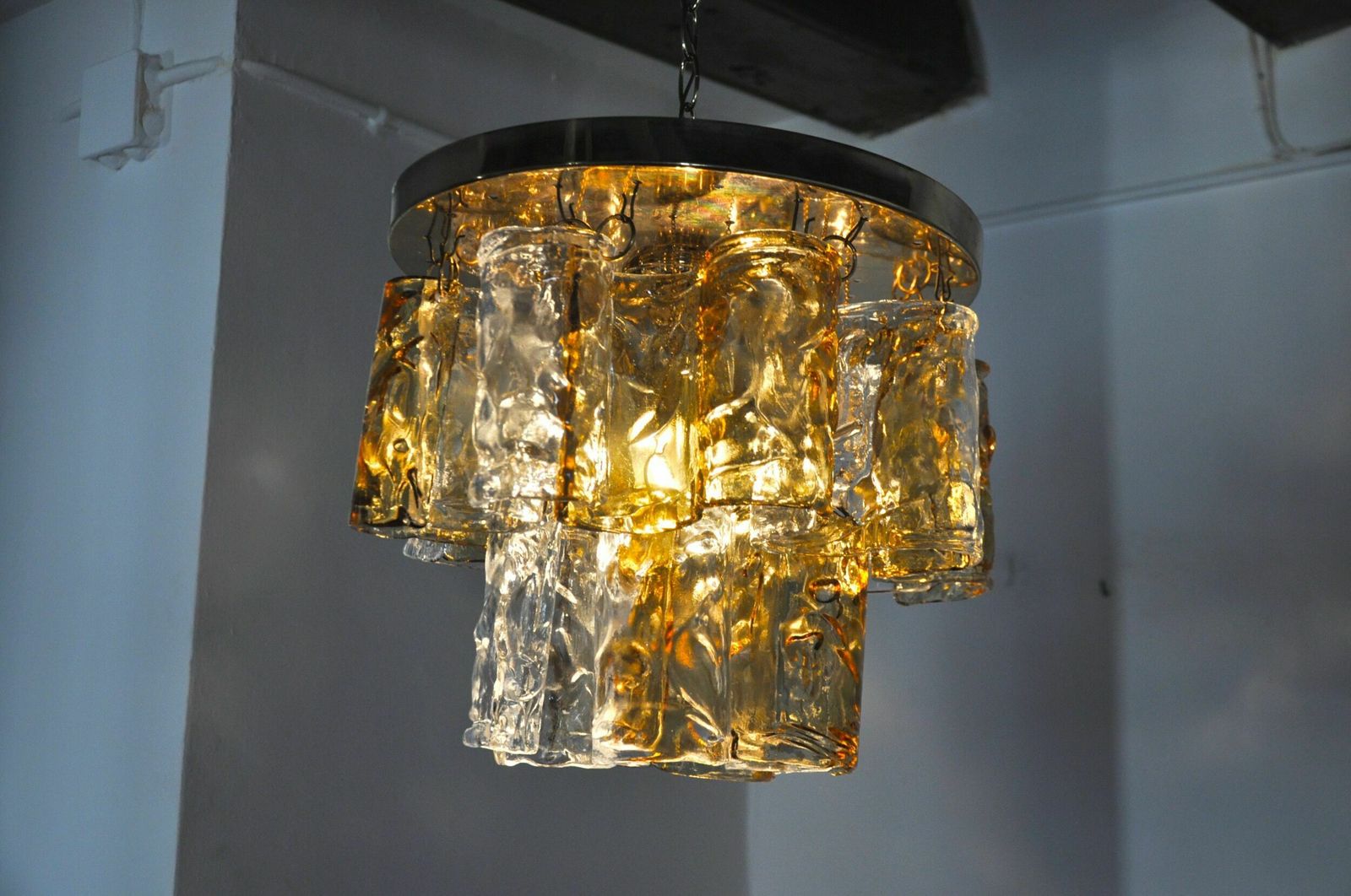 Lighting Two Tone Chandelier By Zero Quattro, Orange And Transparent Murano Glass, Italy, 1970 photo