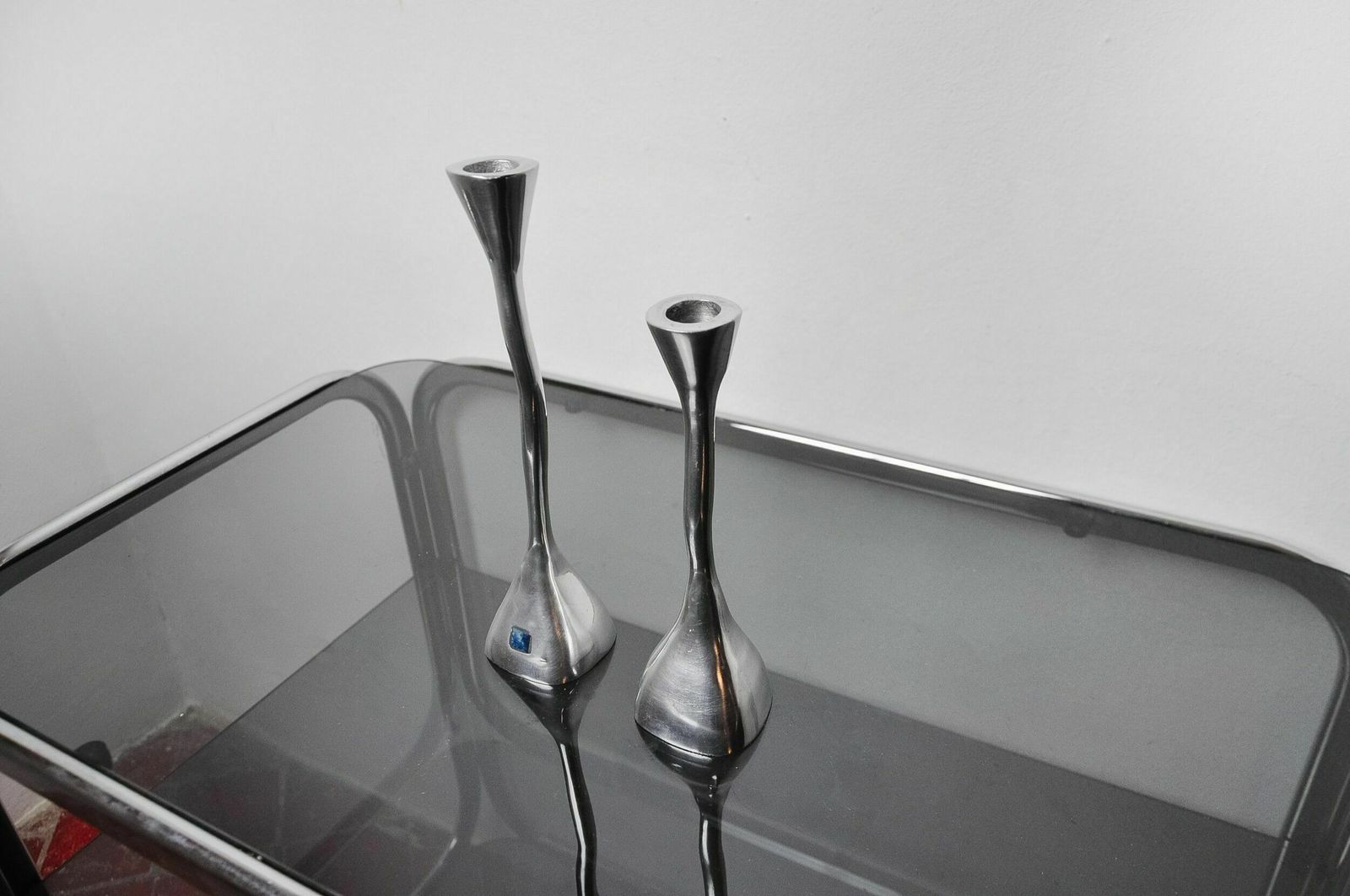 Pair Of Zigzag Candle Holders, Solid Aluminum And Polished Stone, Art3, Spain, 1970 photo furniture