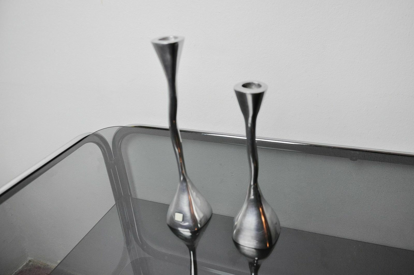 Pair Of Zigzag Candle Holders, Solid Aluminum And Polished Stone, Art3, Spain, 1970 photo 895.0