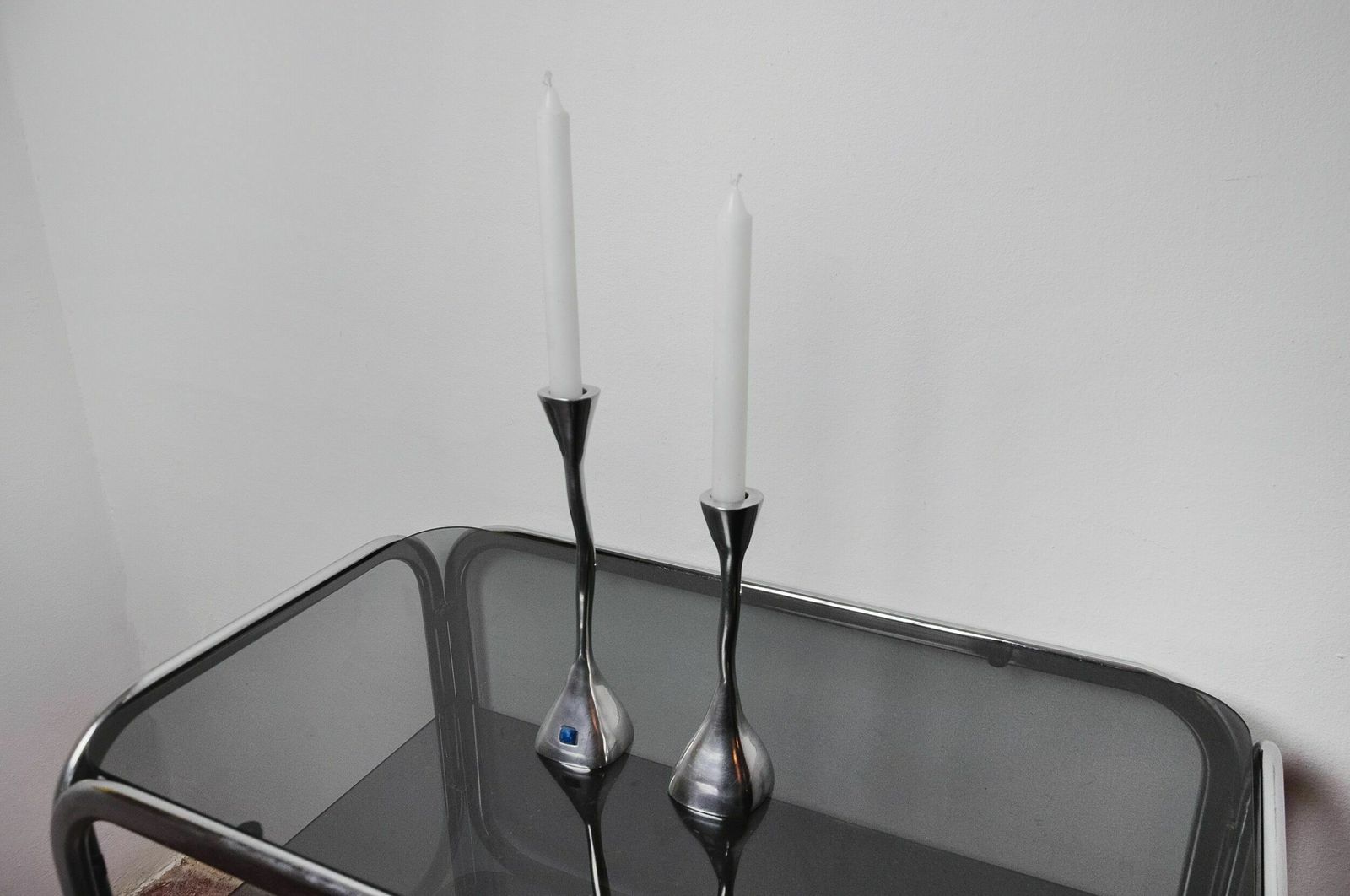 Pair Of Zigzag Candle Holders, Solid Aluminum And Polished Stone, Art3, Spain, 1970 photo buy