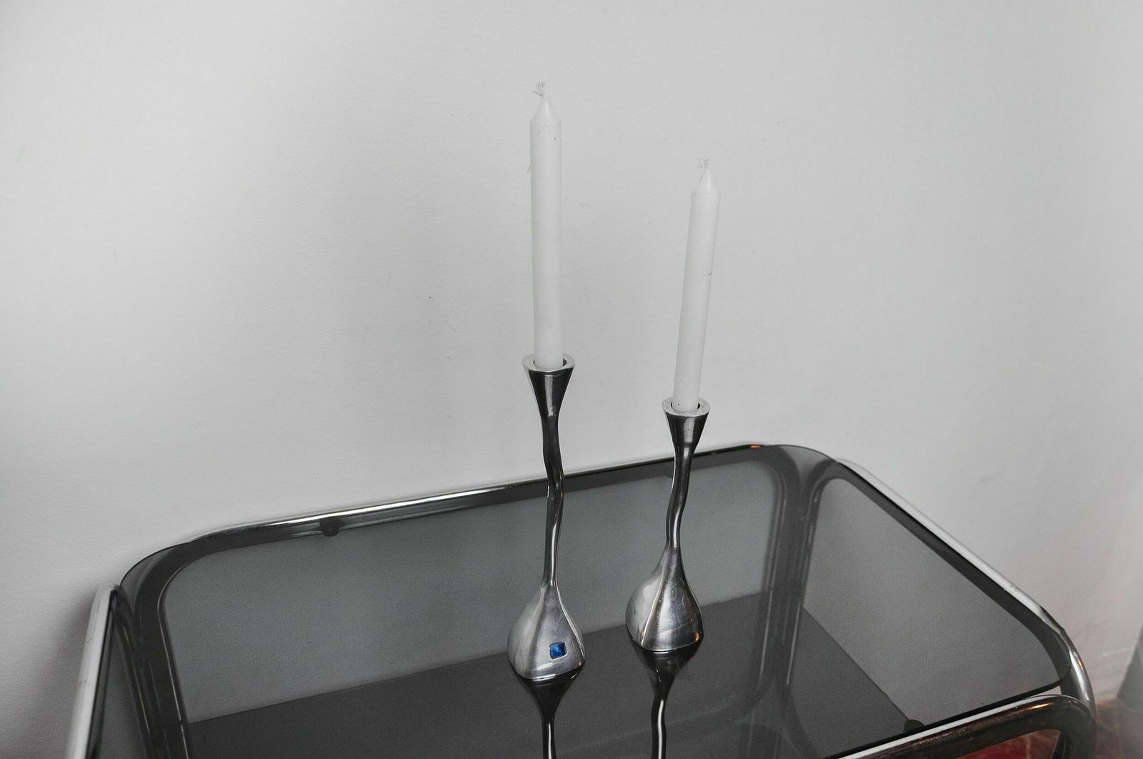 Pair Of Zigzag Candle Holders, Solid Aluminum And Polished Stone, Art3, Spain, 1970 photo vintage