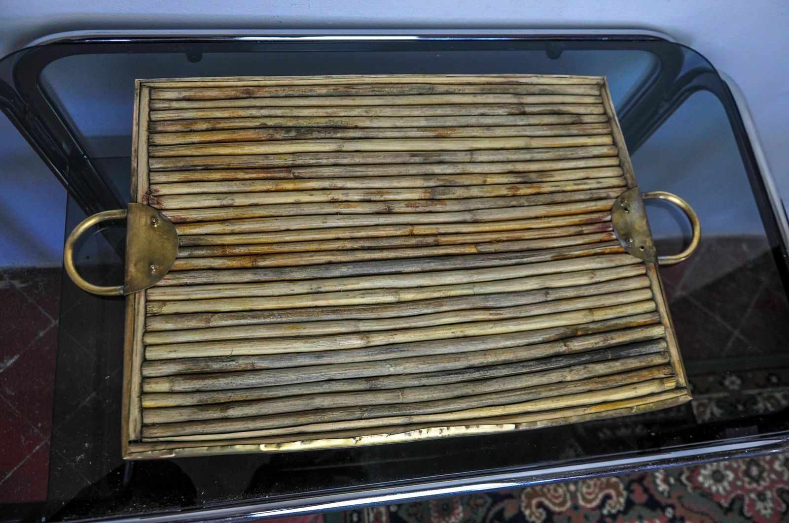 Rattan And Brass Tray, Italy, 1970s photo buy
