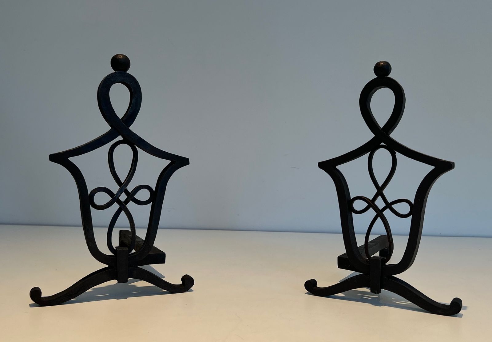 Pair Of Wrought Iron Andirons In The Style Of Raymond Subes photo Home Fixtures