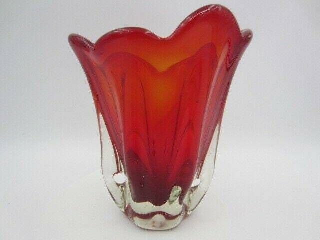 Murano Sommerso Ribbed Art Glass Vase 50s Red Organic Shaped