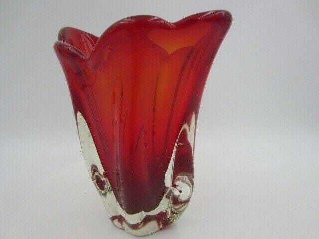 Murano Sommerso Ribbed Art Glass Vase 50s Red Organic Shaped photo for sale