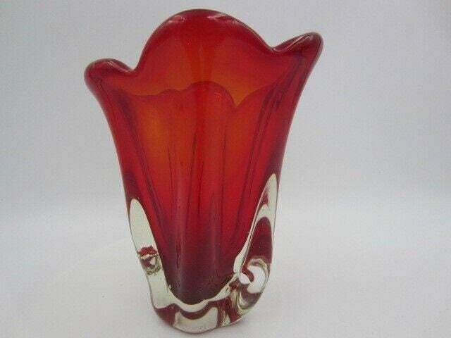 Murano Sommerso Ribbed Art Glass Vase 50s Red Organic Shaped photo vinterior
