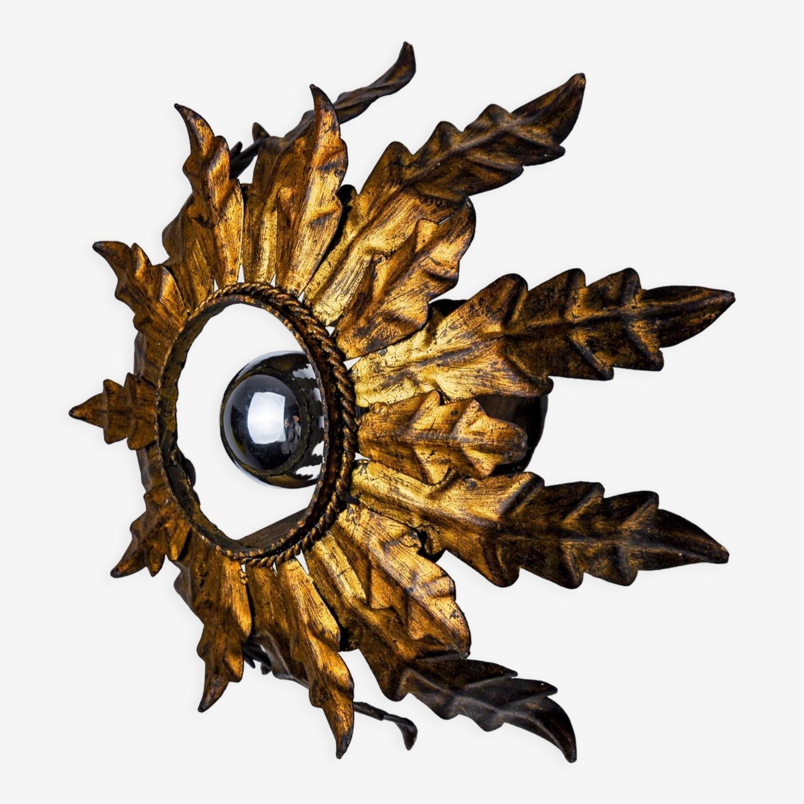 Sun Wall Lamp By Ferro Arte, Metal And Gold Leaf, Spain, 1960