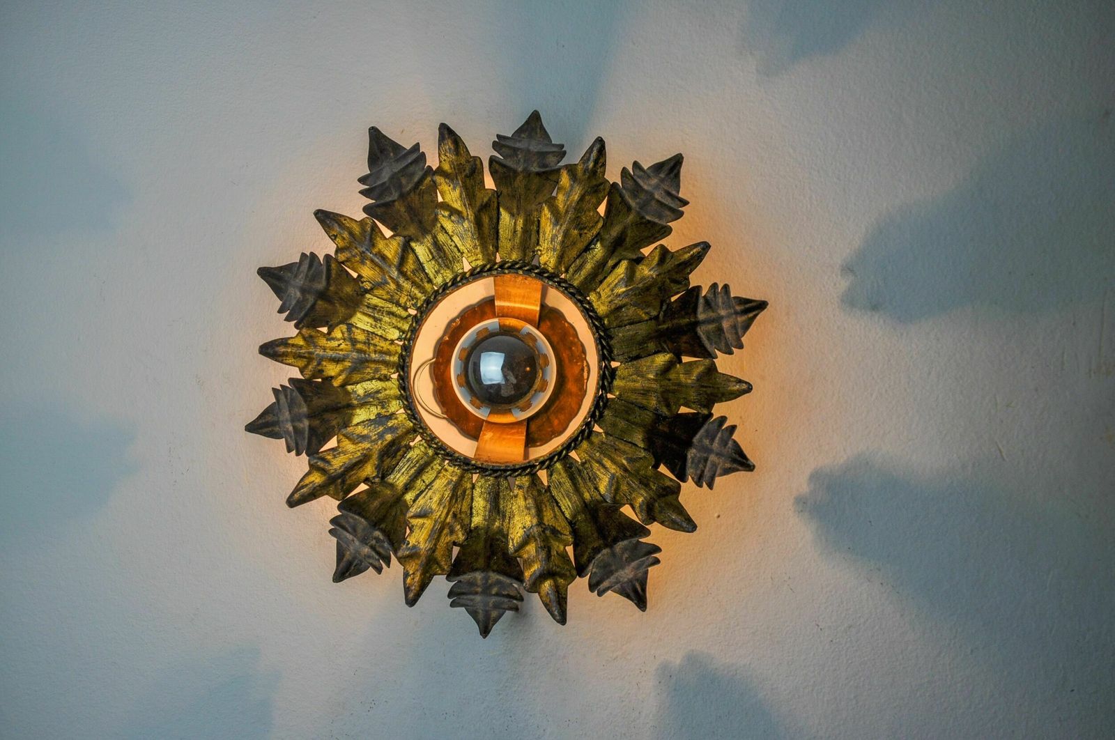 Sun Wall Lamp By Ferro Arte, Metal And Gold Leaf, Spain, 1960 photo Lighting