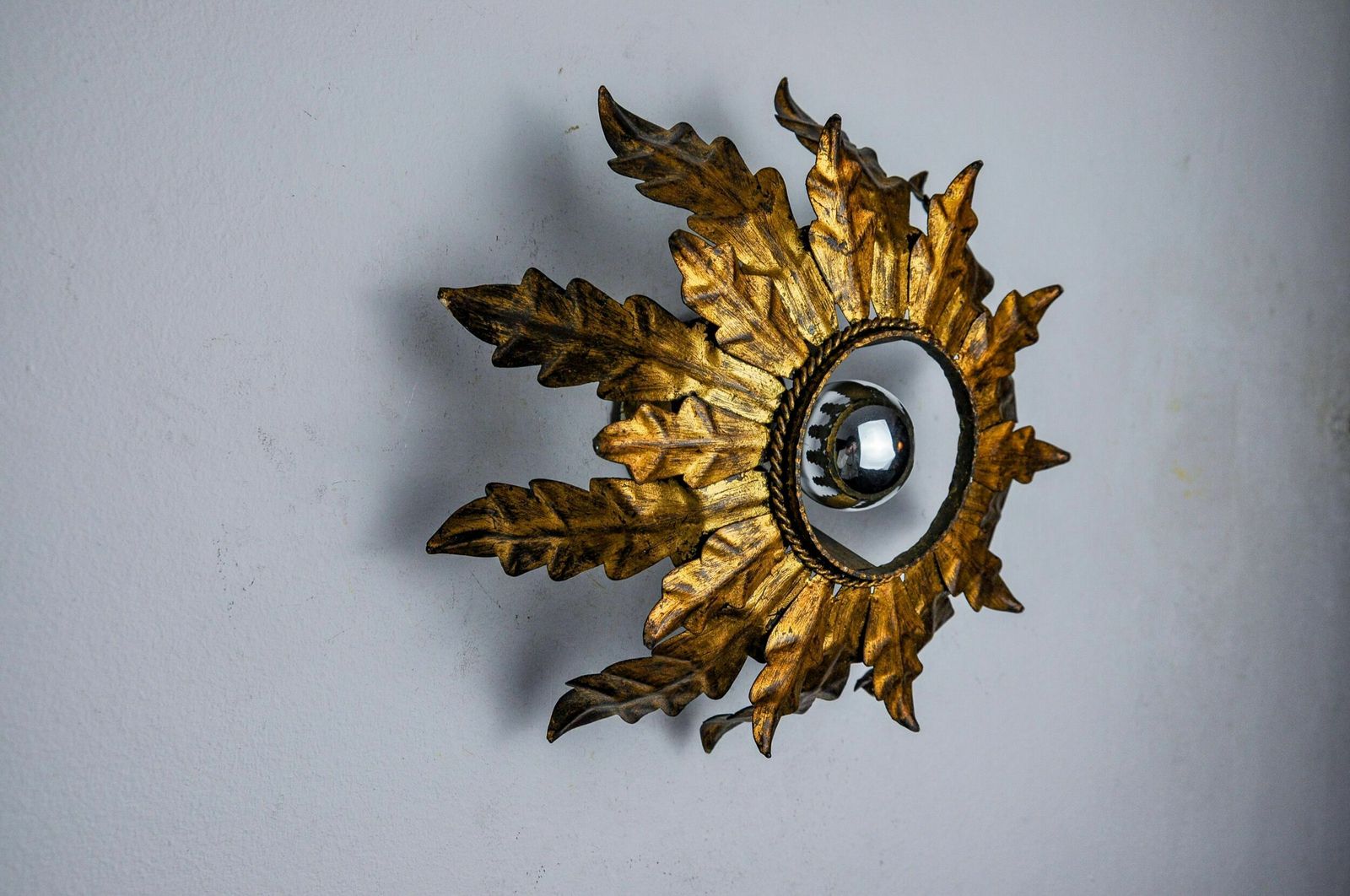 Sun Wall Lamp By Ferro Arte, Metal And Gold Leaf, Spain, 1960 photo vinterior